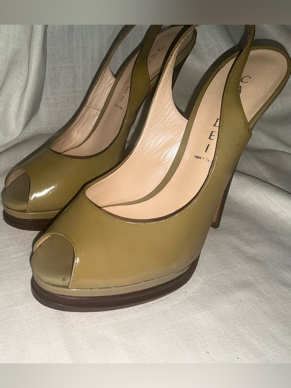 Casadei Olive Patent Leather Peep-Toe Slingback Heels 38